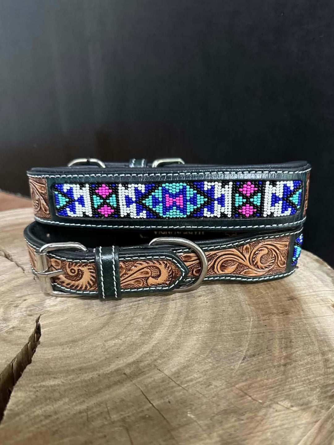 Collar - Genuine Leather Tooled Beaded Dog Collar