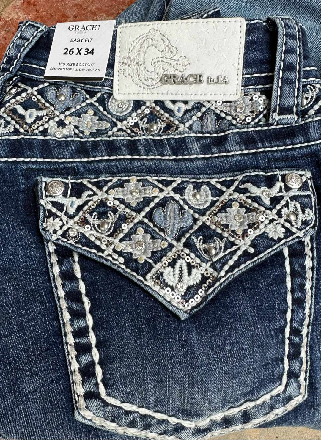 Grace in LA Mid Rise Western Yoke & Pocket  Jeans