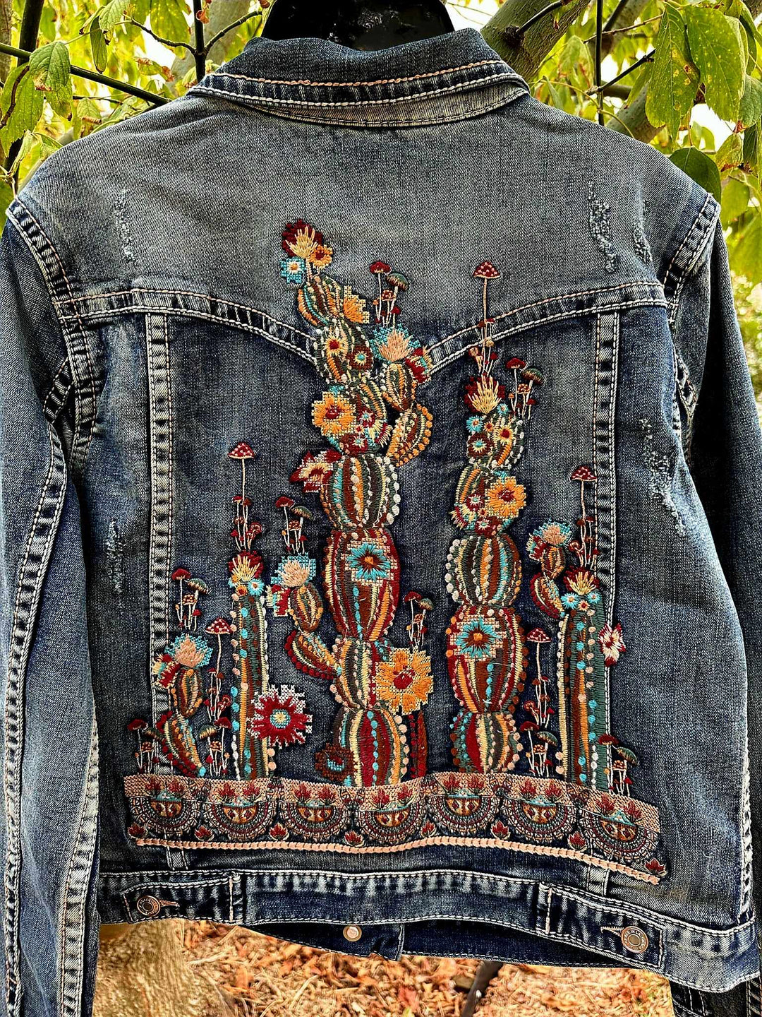 Grace in  La Denim Cowgirl Jacket Cactus Embroidery