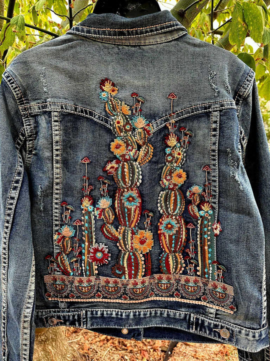 Grace in  La Denim Cowgirl Jacket Cactus Embroidery