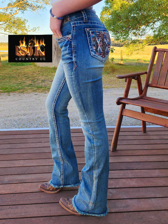 Grace in LA Mid Rise Western Aztec Cactus Jeans