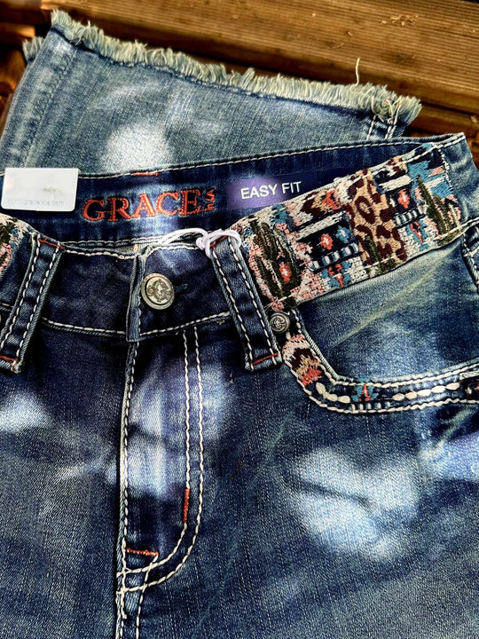 Grace in LA Mid Rise Western Aztec Cactus Jeans
