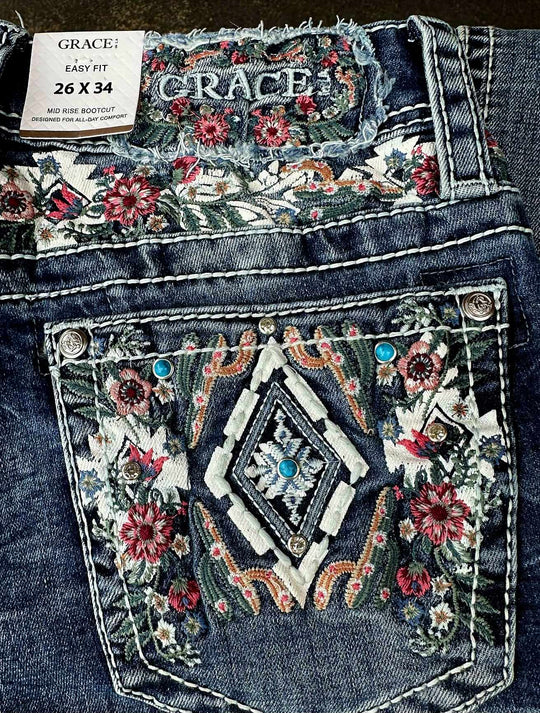 Grace in LA Mid Rise Western Yoke & Pocket  Jeans