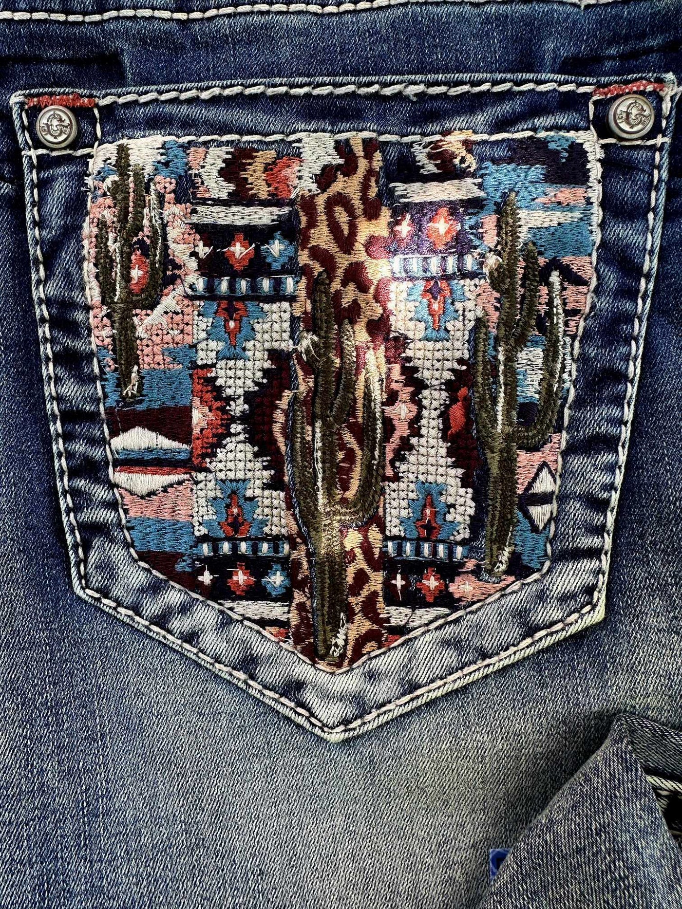 Grace in LA Mid Rise Western Aztec Cactus Jeans