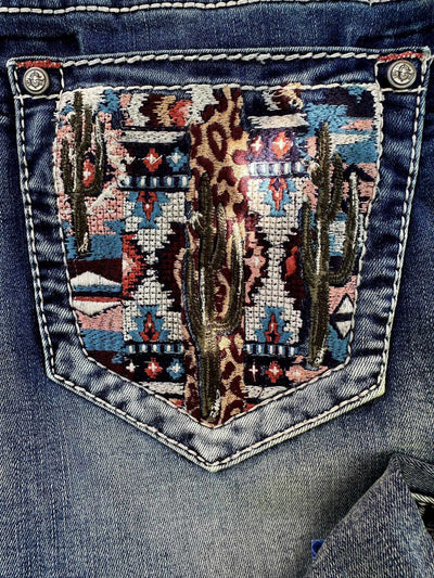 Grace in LA Mid Rise Western Aztec Cactus Jeans