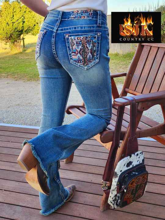 Grace in LA Mid Rise Western Aztec Cactus Jeans