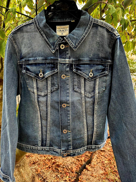 Grace in  La Denim Cowgirl Jacket Longhorn Embroidery