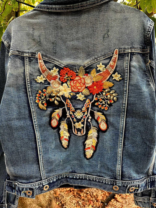 Grace in  La Denim Cowgirl Jacket Longhorn Embroidery