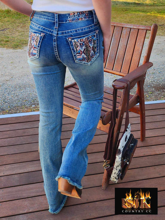 Grace in LA Mid Rise Western Aztec Cactus Jeans