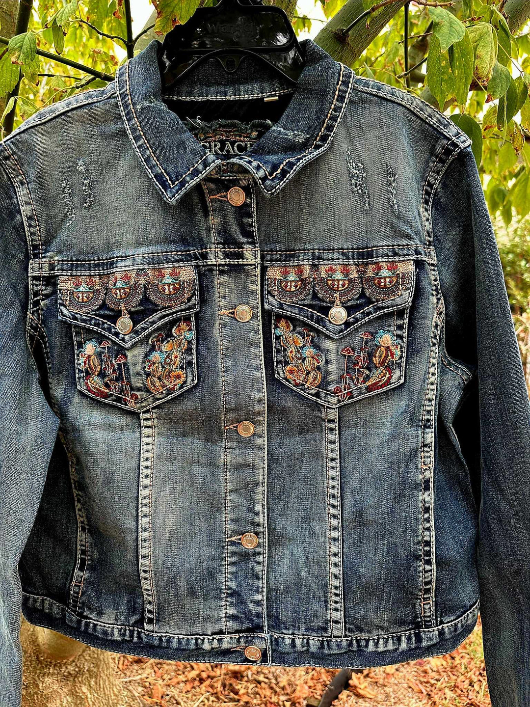 Grace in  La Denim Cowgirl Jacket Cactus Embroidery
