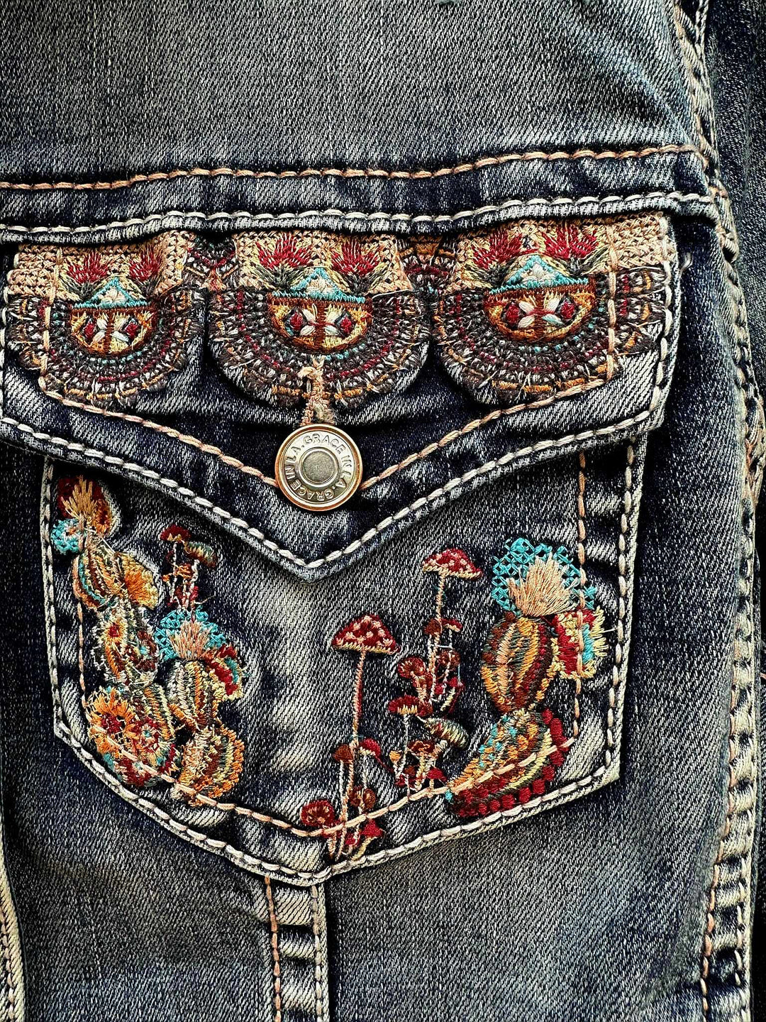 Grace in  La Denim Cowgirl Jacket Cactus Embroidery