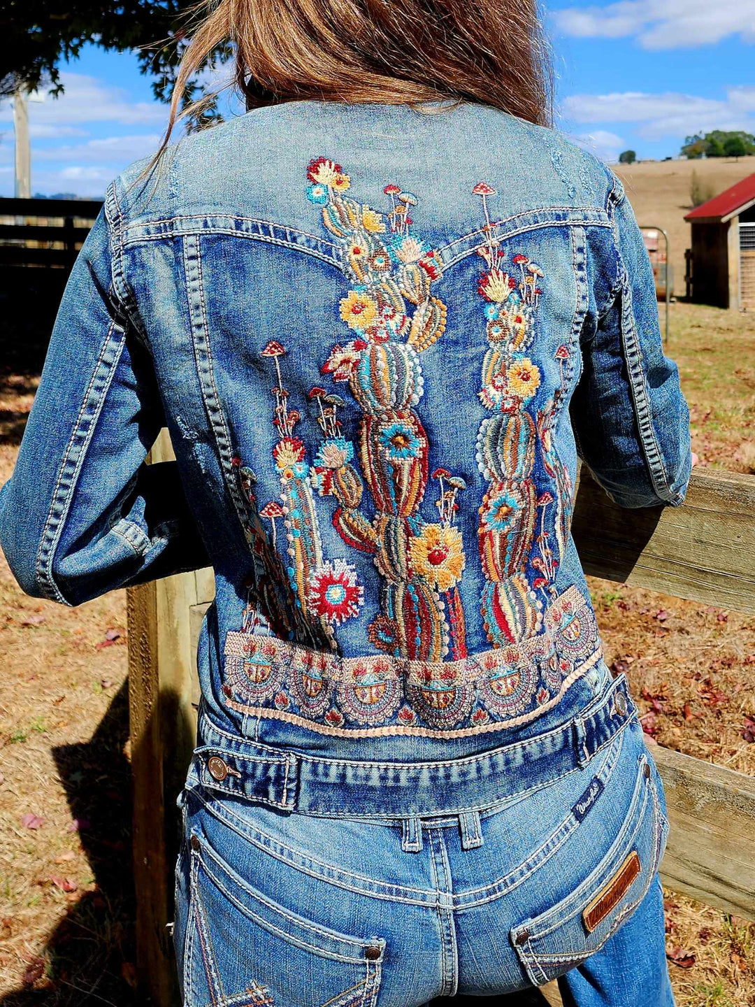 Grace in  La Denim Cowgirl Jacket Cactus Embroidery