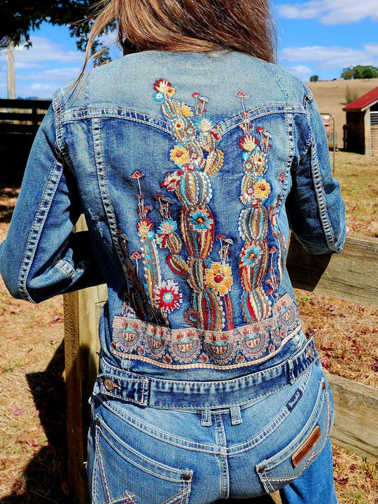 Grace in  La Denim Cowgirl Jacket Cactus Embroidery