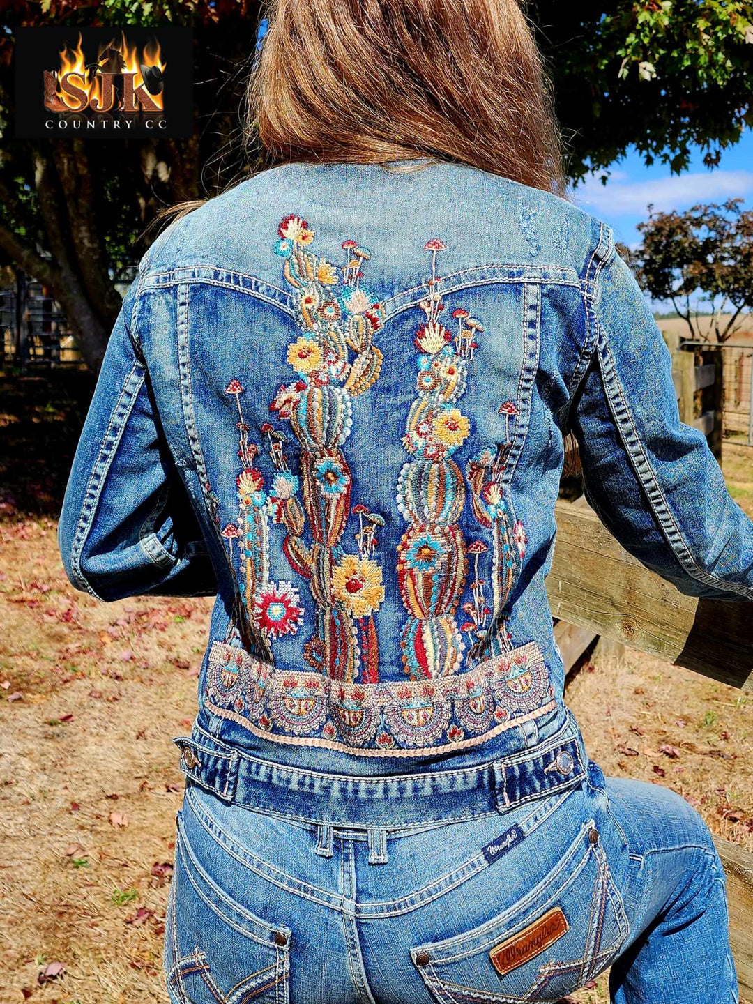 Grace in  La Denim Cowgirl Jacket Cactus Embroidery