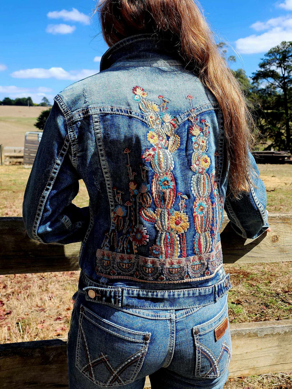 Grace in  La Denim Cowgirl Jacket Cactus Embroidery