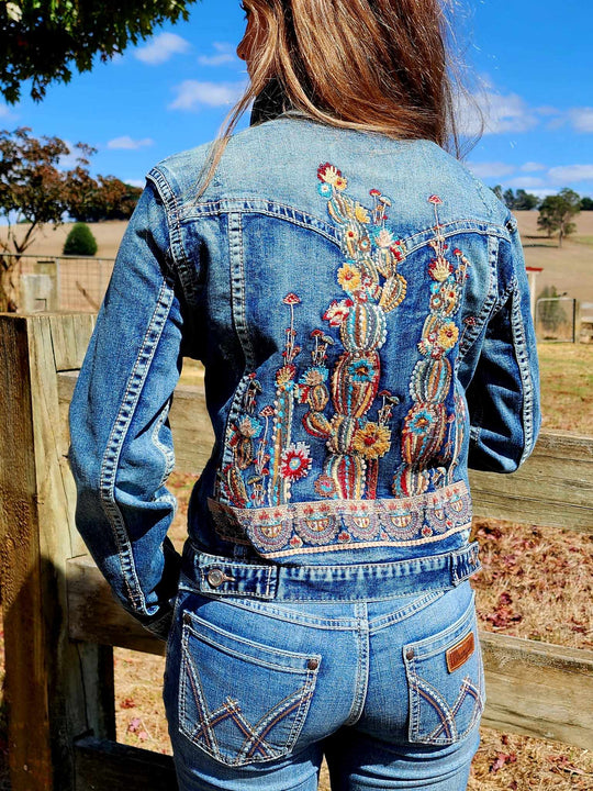 Grace in  La Denim Cowgirl Jacket Cactus Embroidery