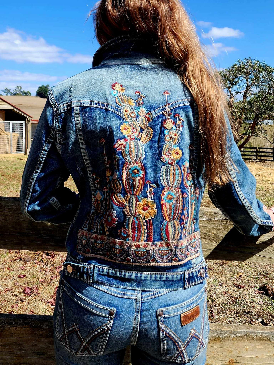Grace in  La Denim Cowgirl Jacket Cactus Embroidery