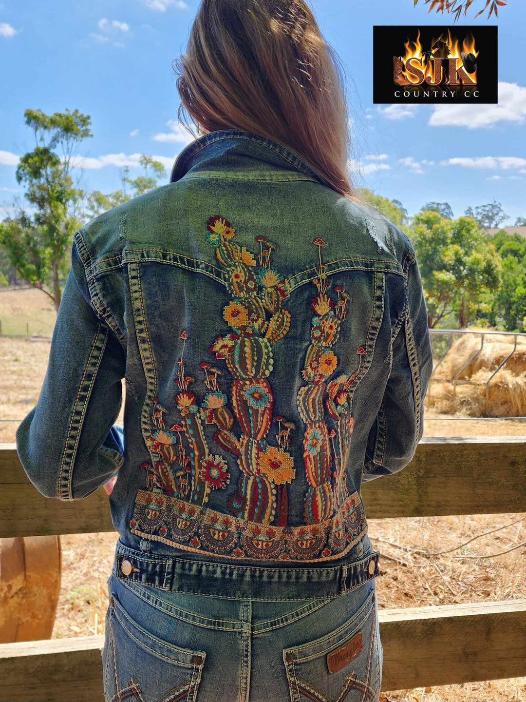 Grace in  La Denim Cowgirl Jacket Cactus Embroidery