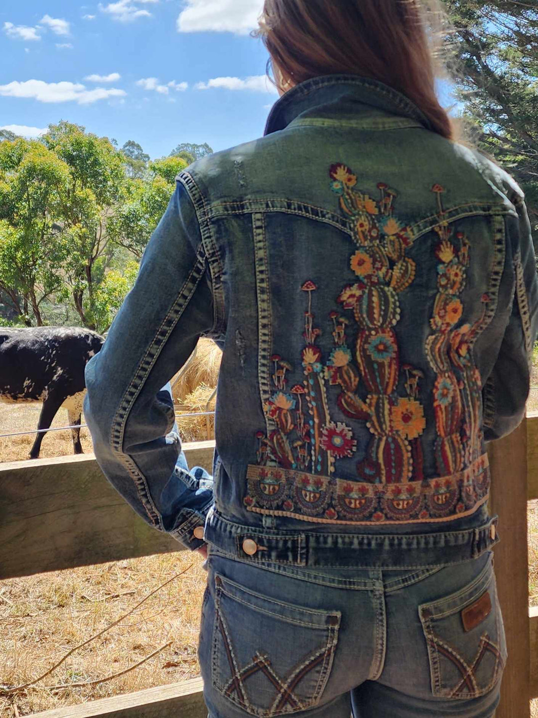 Grace in  La Denim Cowgirl Jacket Cactus Embroidery