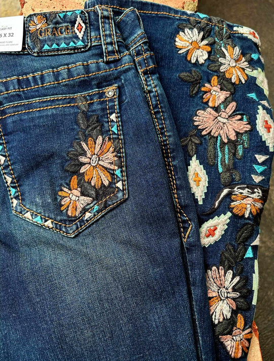 Grace in LA Mid Rise Feather & Western Motif Embroidery Flare Jeans