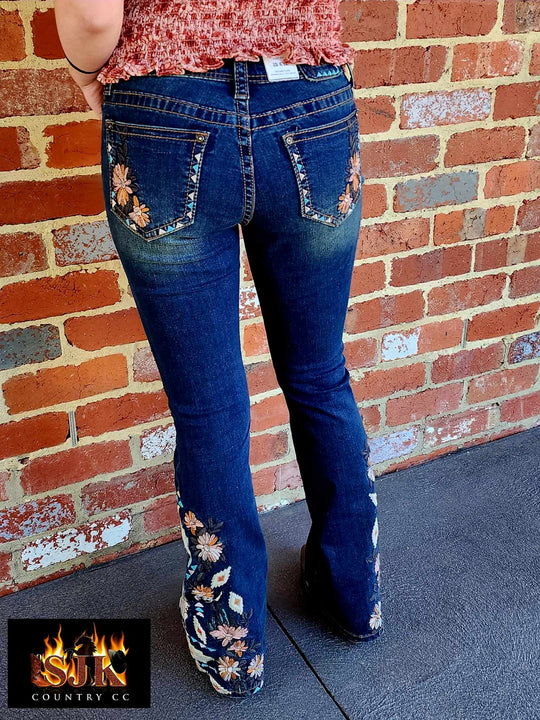 Grace in LA Mid Rise Feather & Western Motif Embroidery Flare Jeans