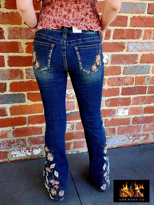 Grace in LA Mid Rise Feather & Western Motif Embroidery Flare Jeans