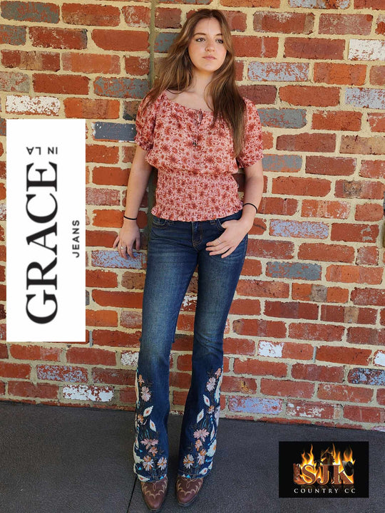 Grace in LA Mid Rise Feather & Western Motif Embroidery Flare Jeans