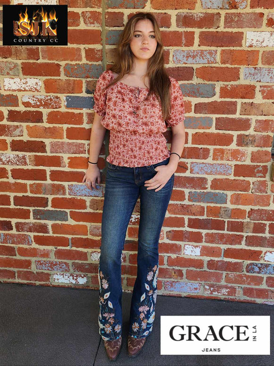 Grace in LA Mid Rise Feather & Western Motif Embroidery Flare Jeans