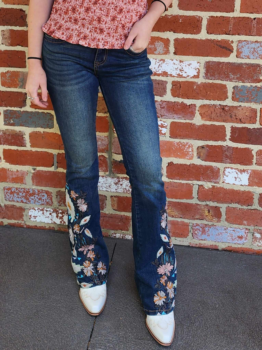 Grace in LA Mid Rise Feather & Western Motif Embroidery Flare Jeans
