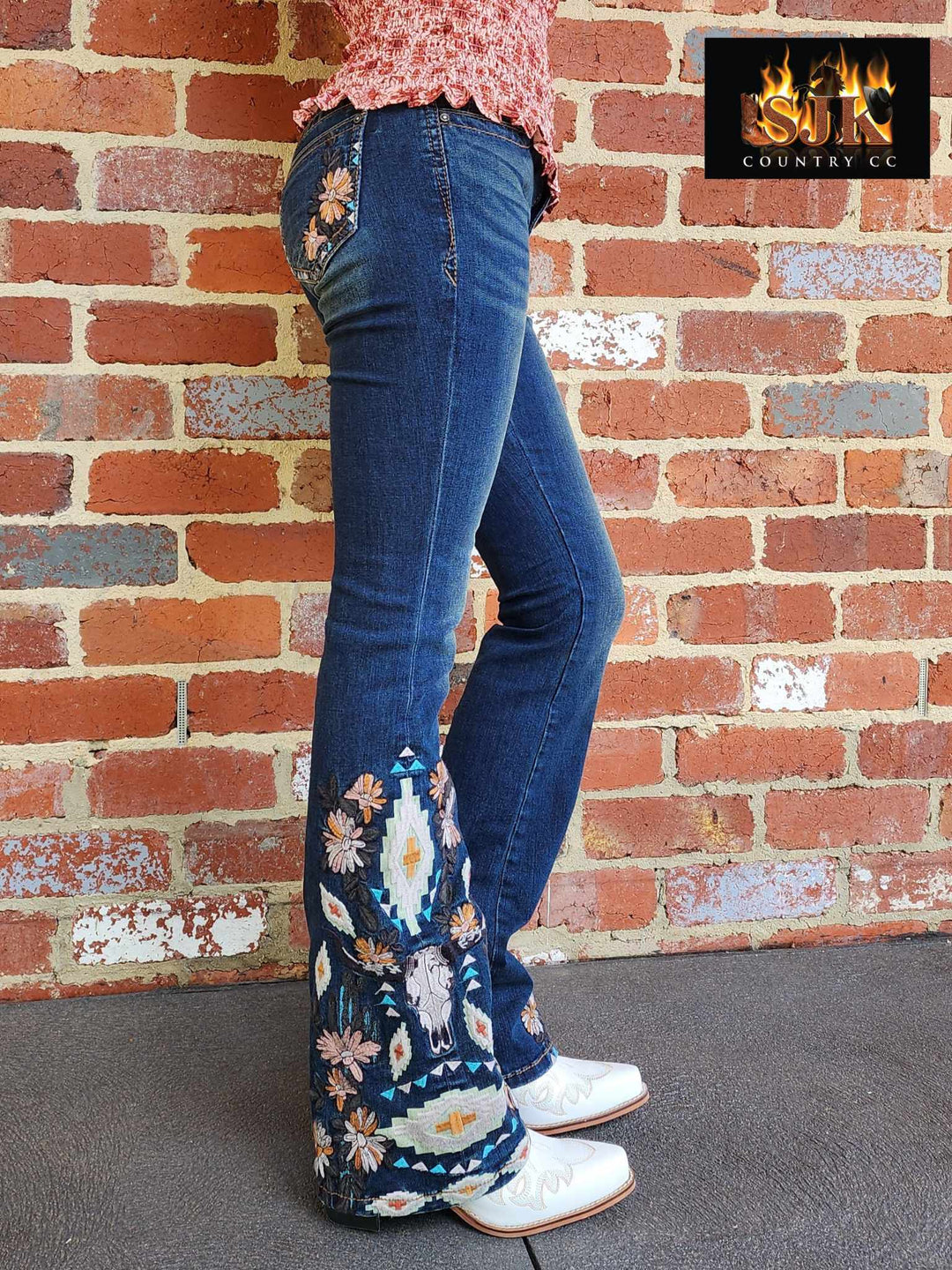 Grace in LA Mid Rise Feather Western Motif Embroidery Flare Jeans