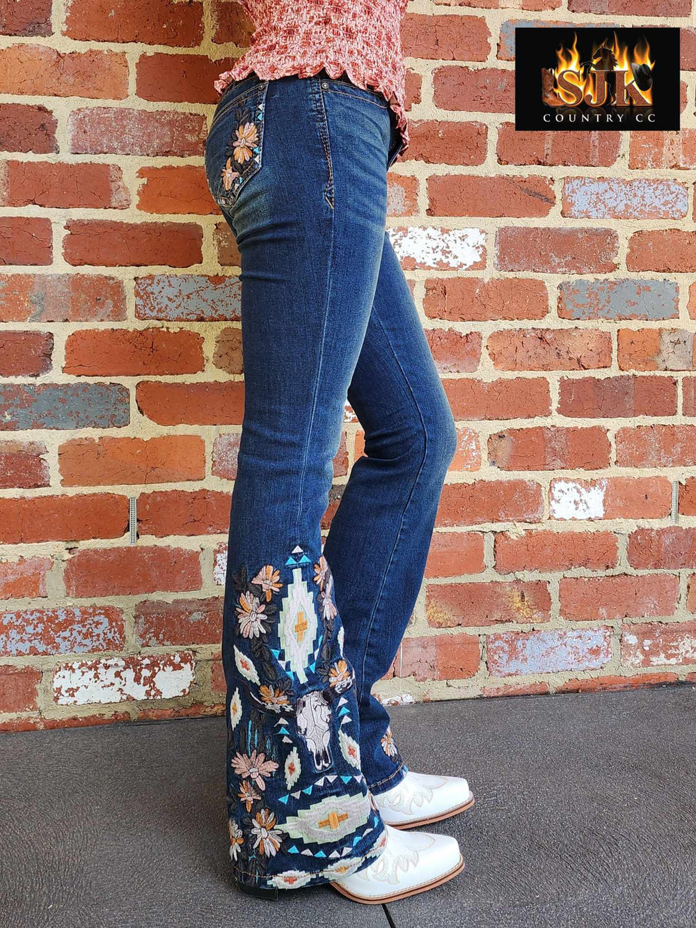 Grace in LA Mid Rise Feather & Western Motif Embroidery Flare Jeans