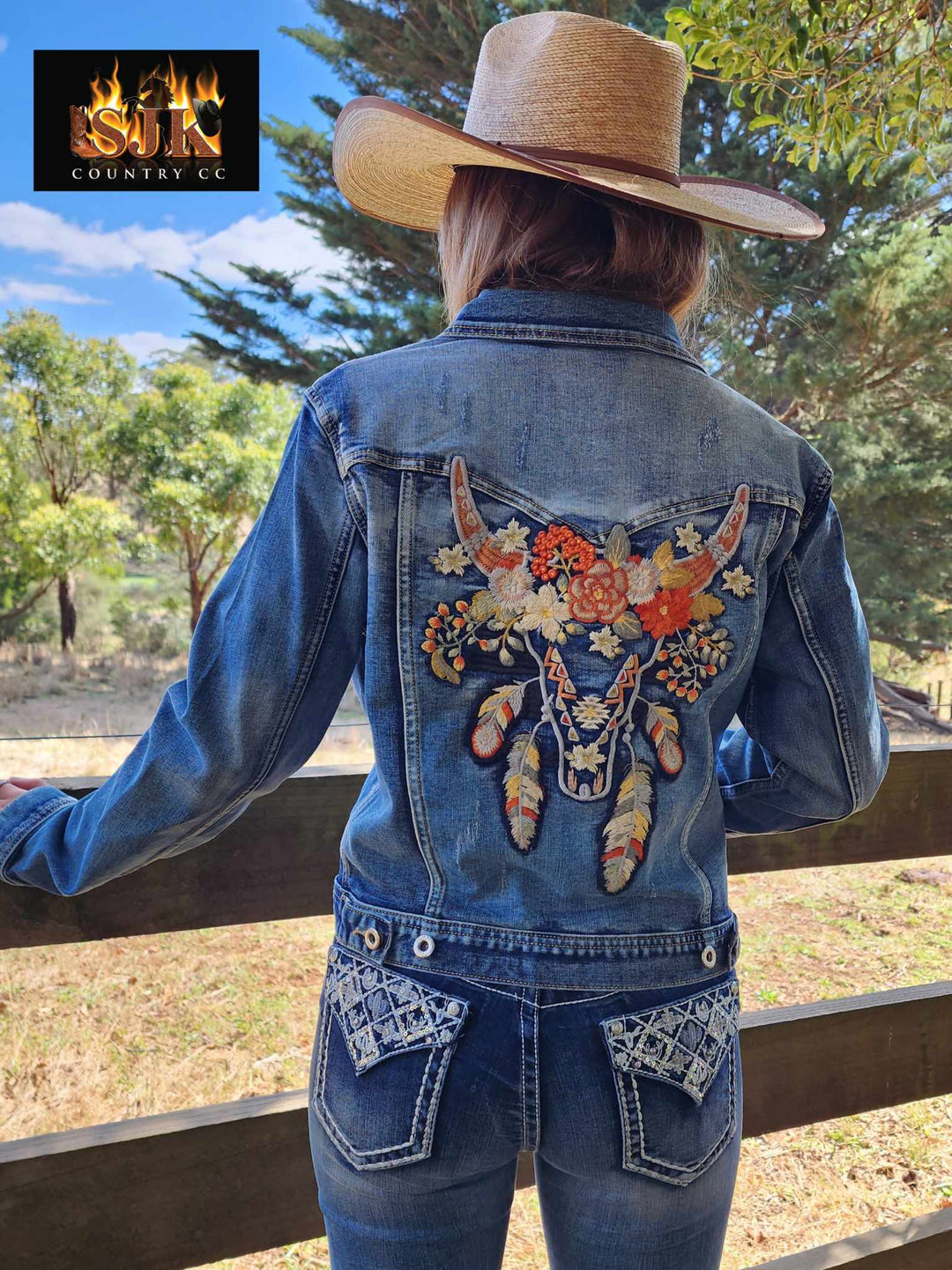Grace in  La Denim Cowgirl Jacket Longhorn Embroidery