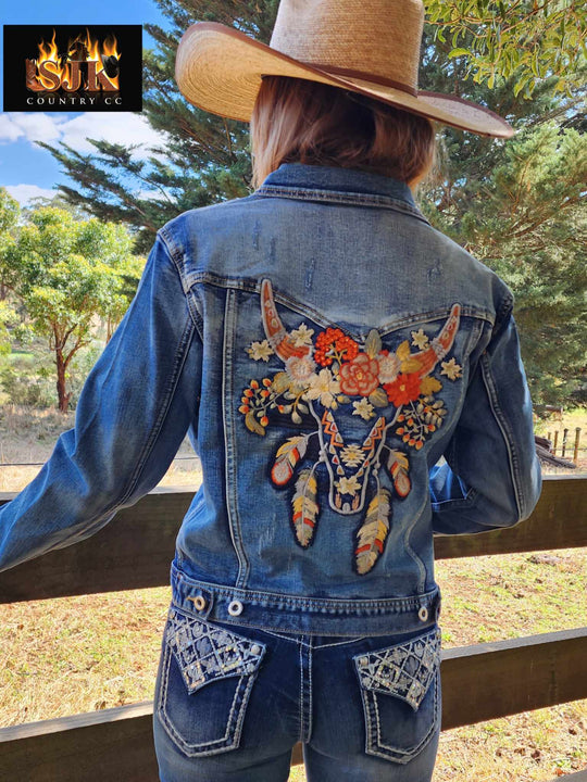 Grace in  La Denim Cowgirl Jacket Longhorn Embroidery