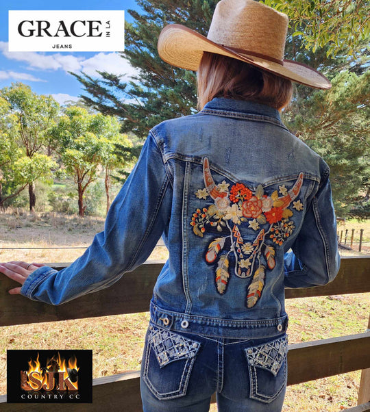 Grace in  La Denim Cowgirl Jacket Longhorn Embroidery