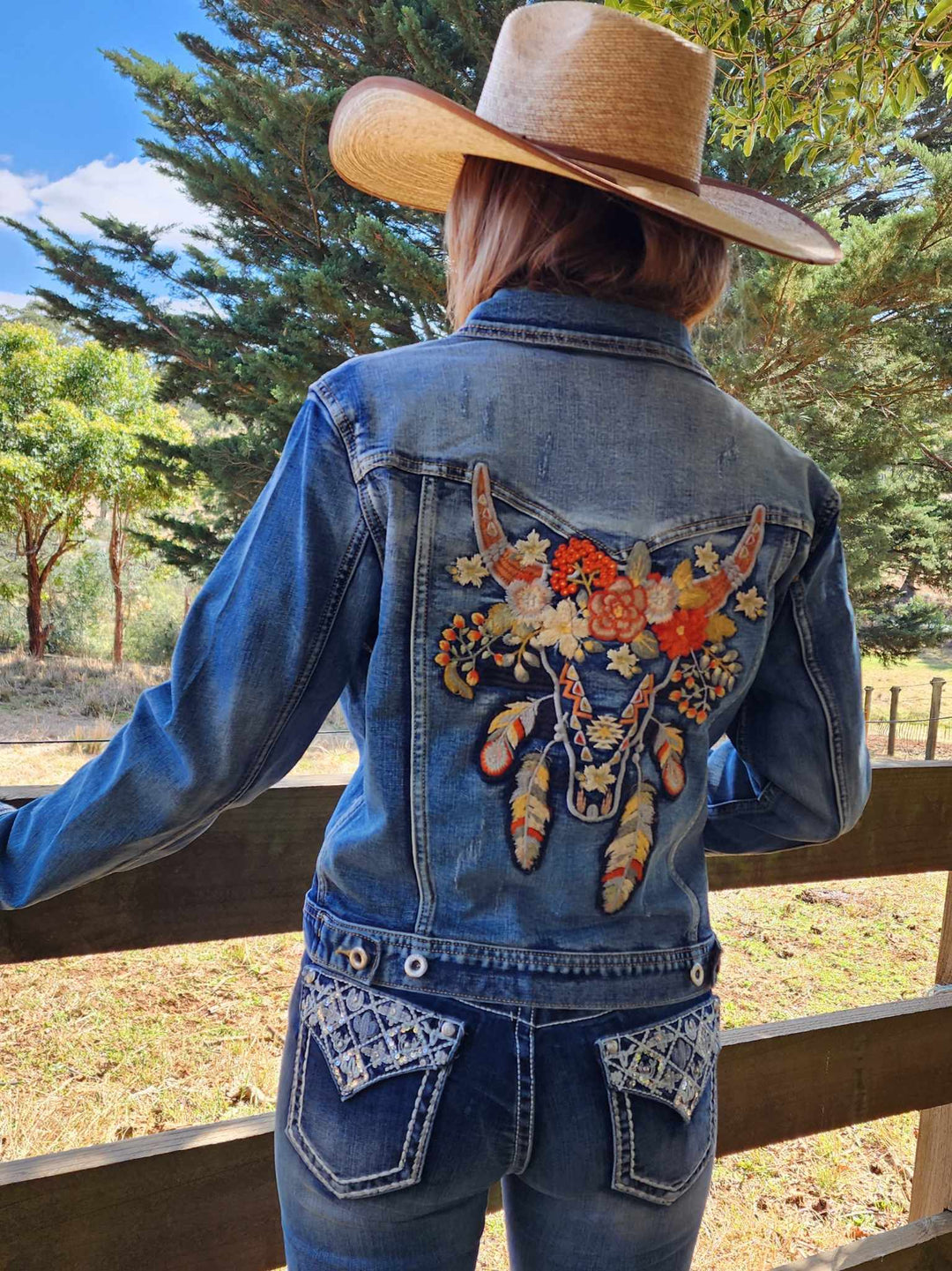Grace in  La Denim Cowgirl Jacket Longhorn Embroidery