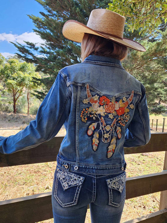 Grace in  La Denim Cowgirl Jacket Longhorn Embroidery