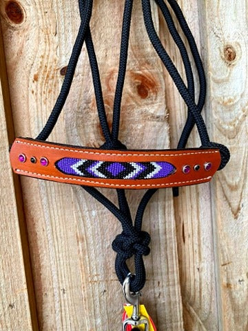 Halter - Cowboy Knot Beaded Leather Rope Halter Cob/ Full purple