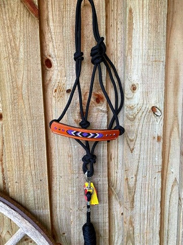 Halter - Cowboy Knot Beaded Leather Rope Halter Cob/ Full purple