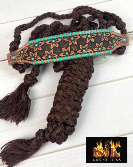 Halter - Woven nylon mule tape halter Tooled Leather Noseband