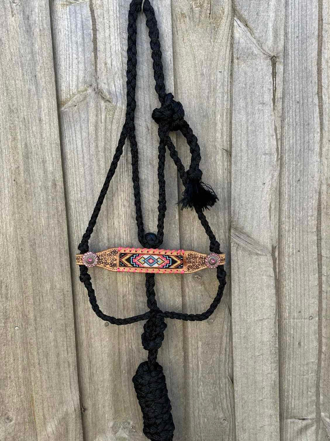 Halter - Mule Tape Cowgirl Halter Leather Nose Pink Beaded
