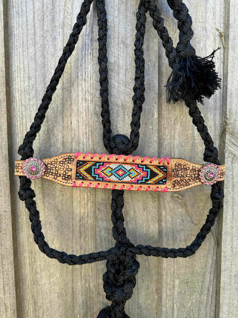 Halter - Mule Tape Cowgirl Halter Leather Nose Pink Beaded