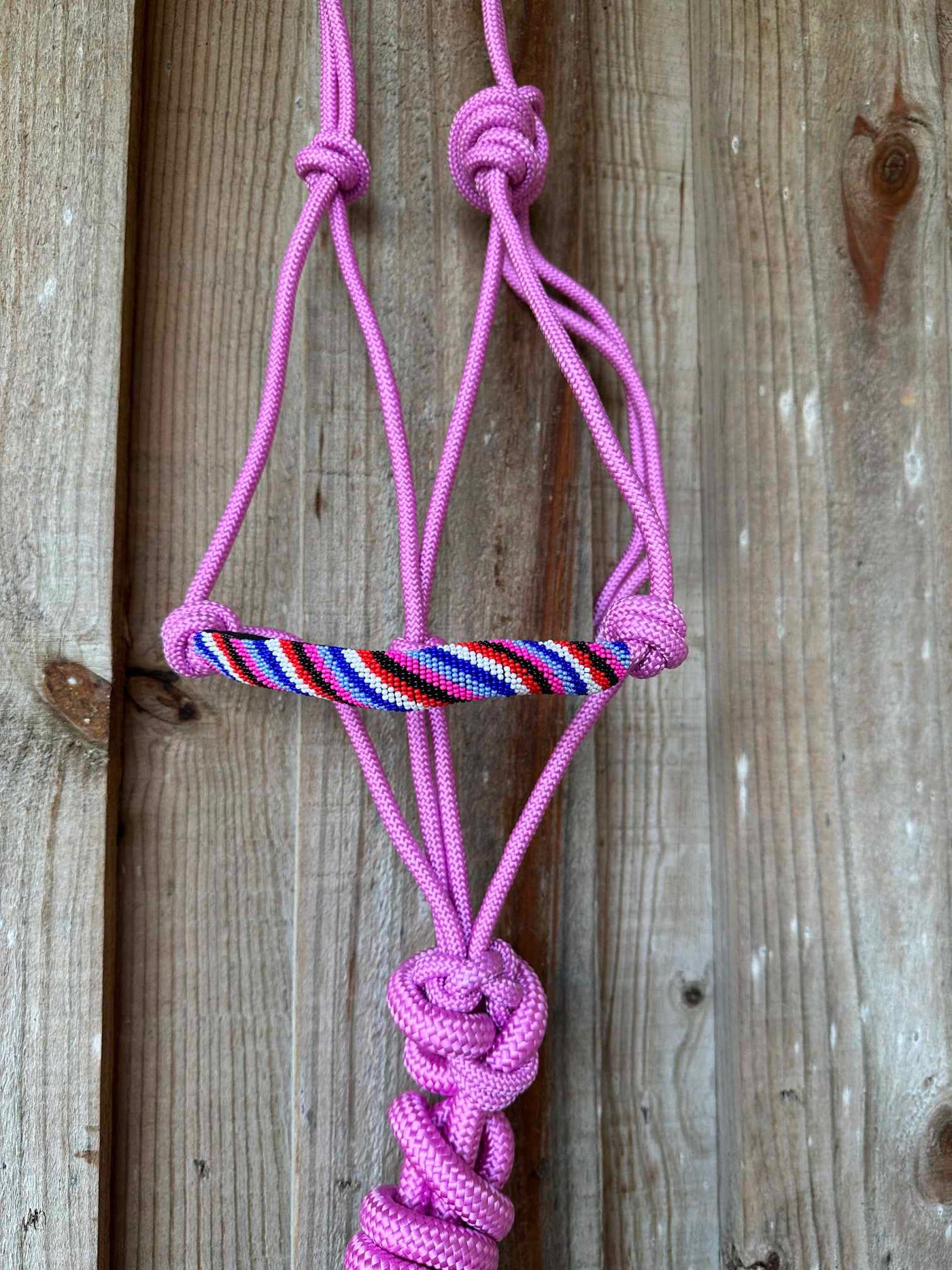 Halter - Cowboy Knot Rope Halter Beaded Noseband w Lead Cob-Full Size Pink