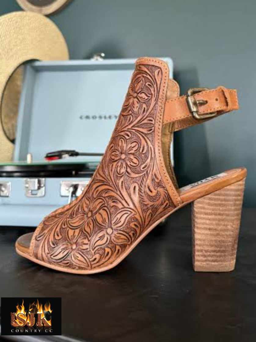 Western Leather Fashion Heel Shoe Sandal Tooled Leather Design