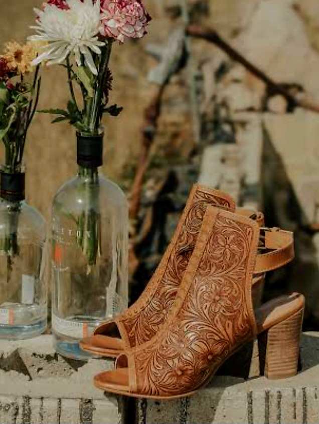 Western Leather Fashion Heel Shoe Sandal Tooled Leather Design