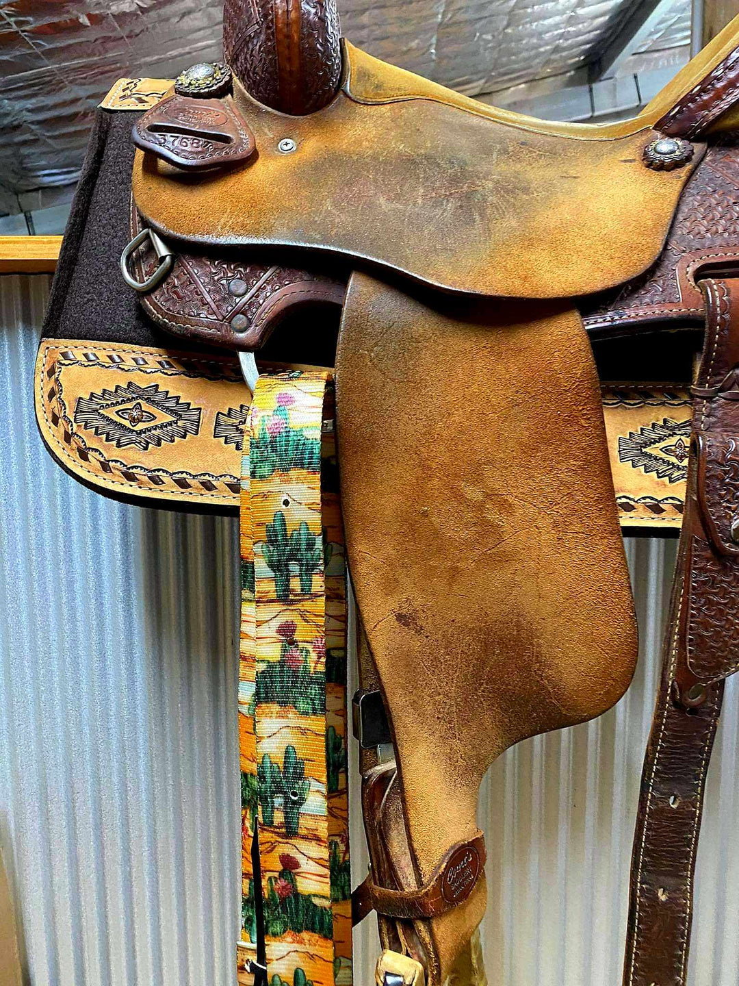 Billett - Western Billett Latigo Tie Strap and Latigo Set Cactus  Print