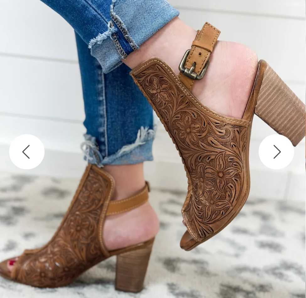 Western Leather Fashion Heel Shoe Sandal Tooled Leather Design