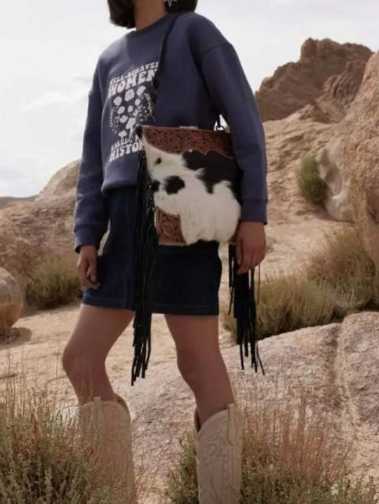Western Hide & Leather  Crossbody w Fringe