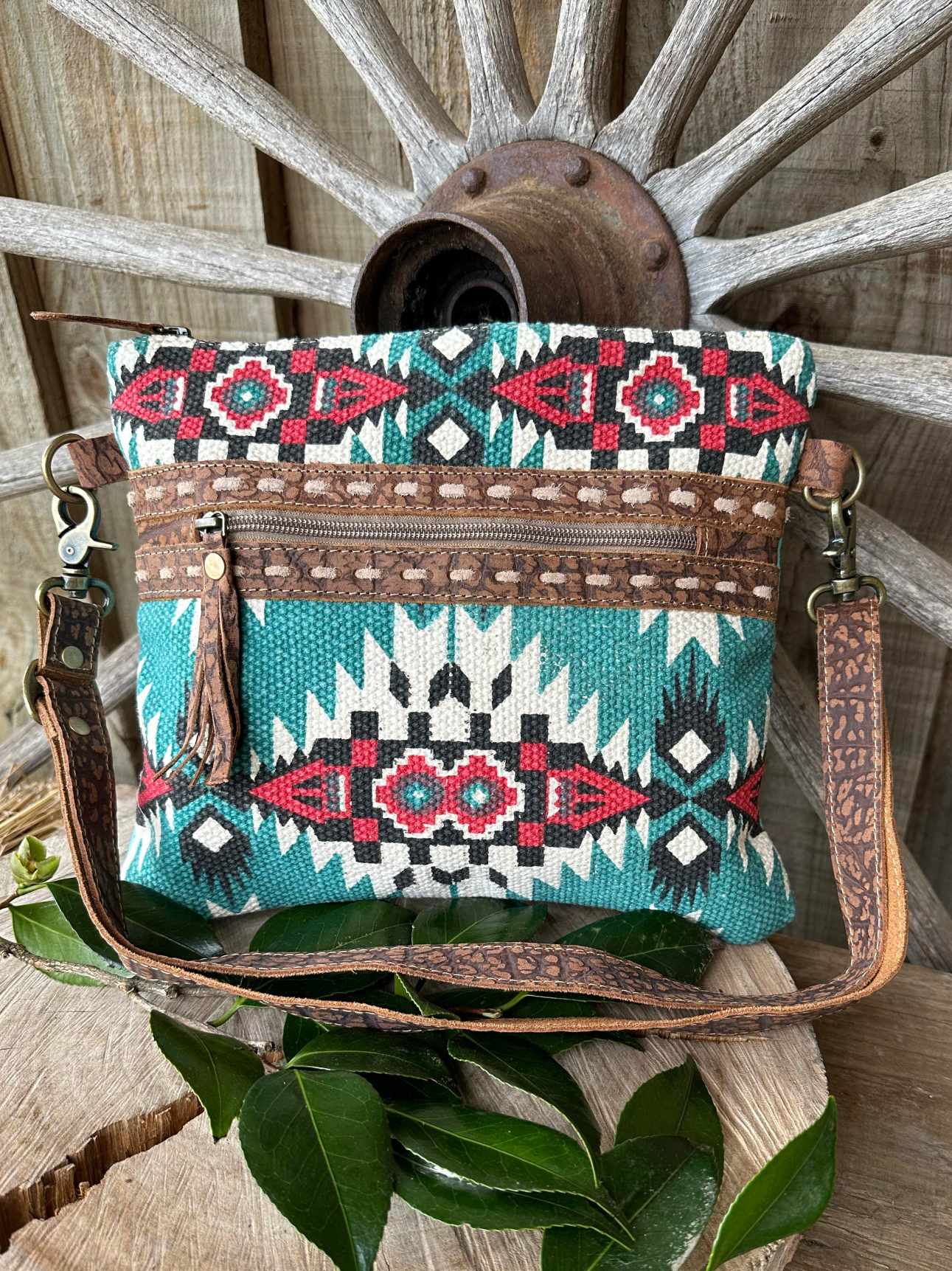 Western Leather Recycled Canvas Tribal Print Crossbody