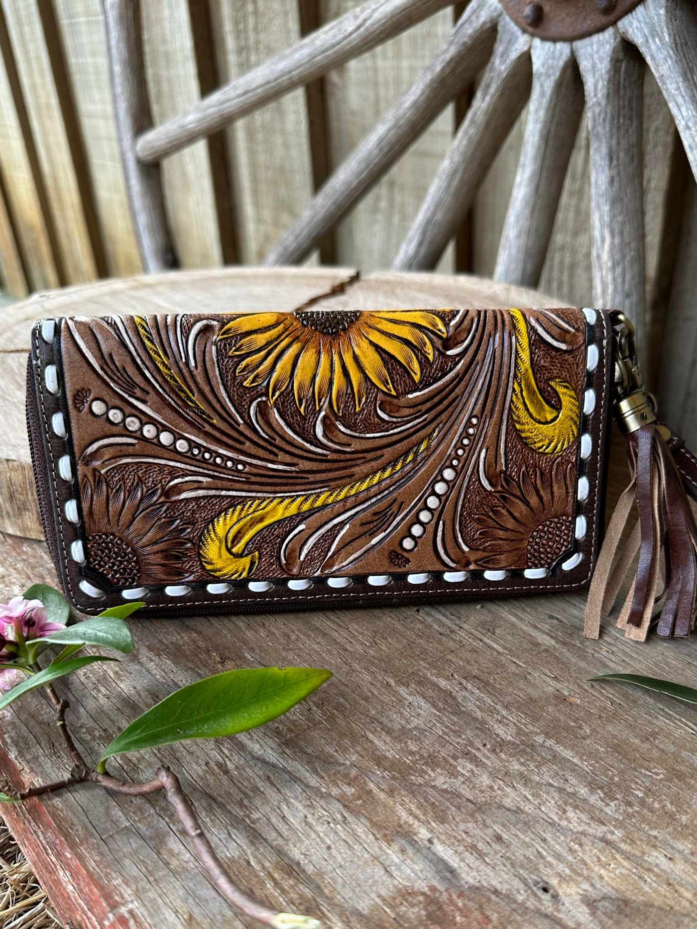 Western Leather Sunflower Inlay Zip Around Wallet Purse