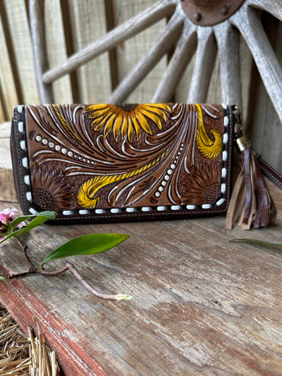 Western Leather Sunflower Inlay Zip Around Wallet Purse